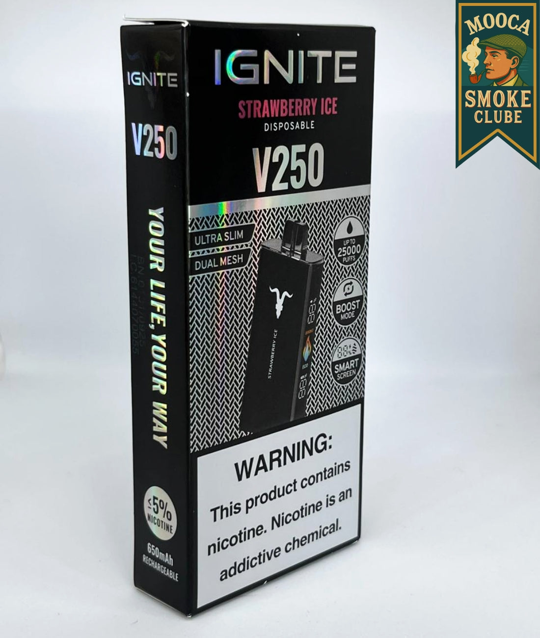 IGNITE V250 – Strawberry Ice • 25.000 Puffs • Vape Descartável (Dual Mesh + Boost Mode)