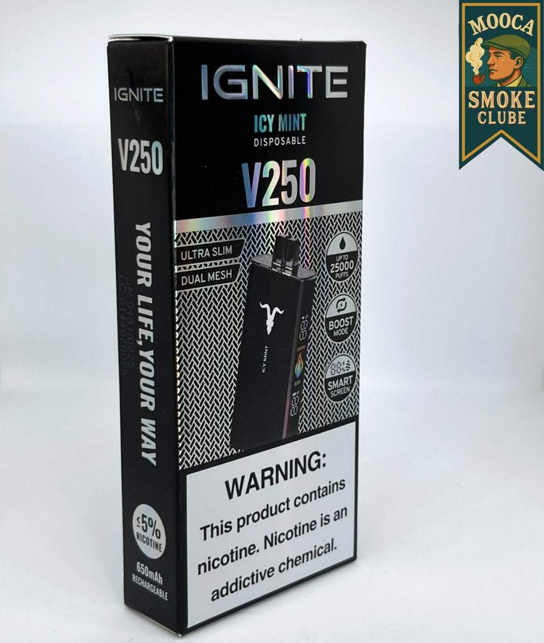 IGNITE V250 – Icy Mint • 25.000 Puffs • Vape Descartável (Dual Mesh + Boost Mode + Smart Screen)