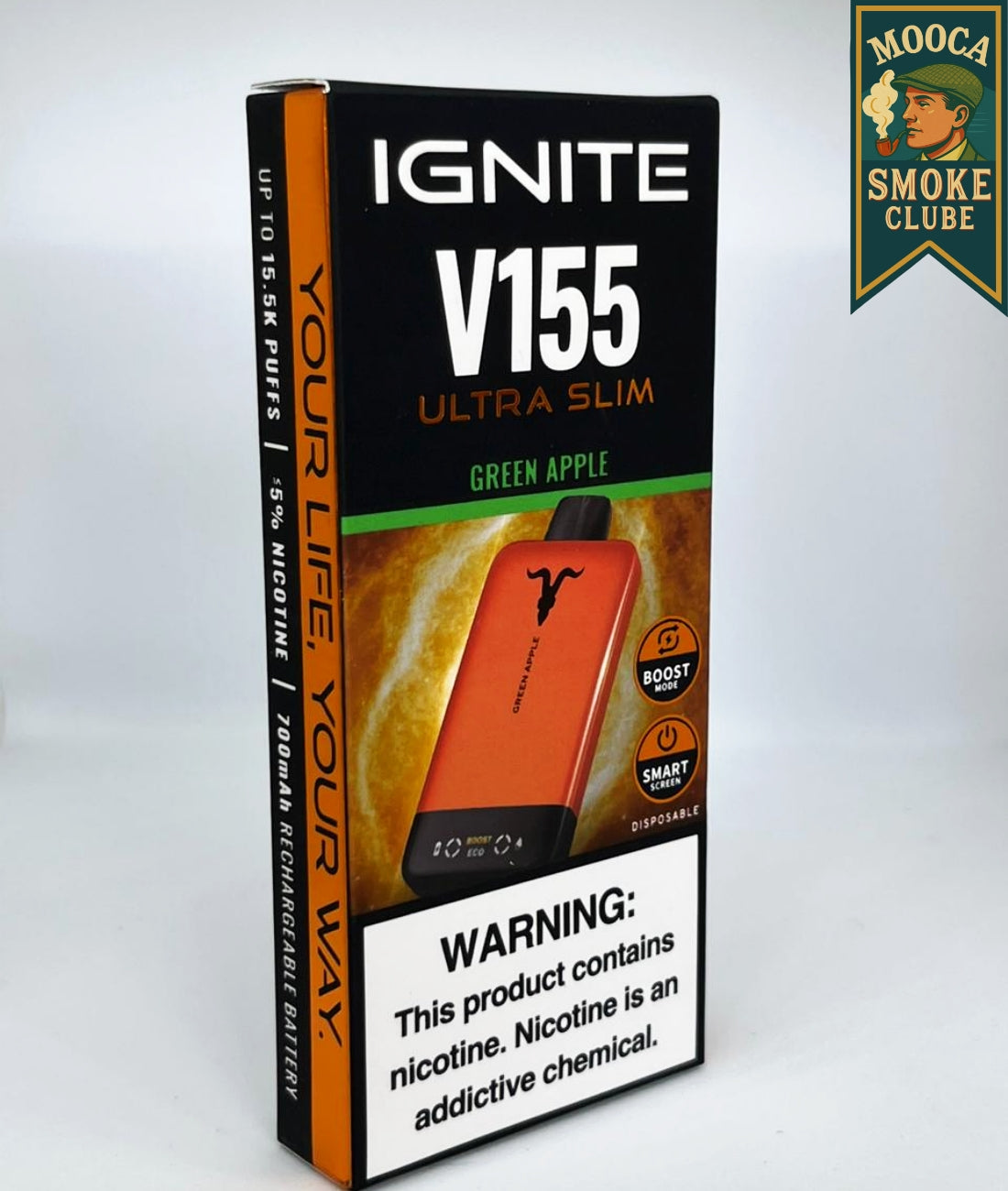 IGNITE V155 – Green Apple • 15.500 Puffs • Vape Descartável (Ultra Slim + Boost Mode + Smart Screen)