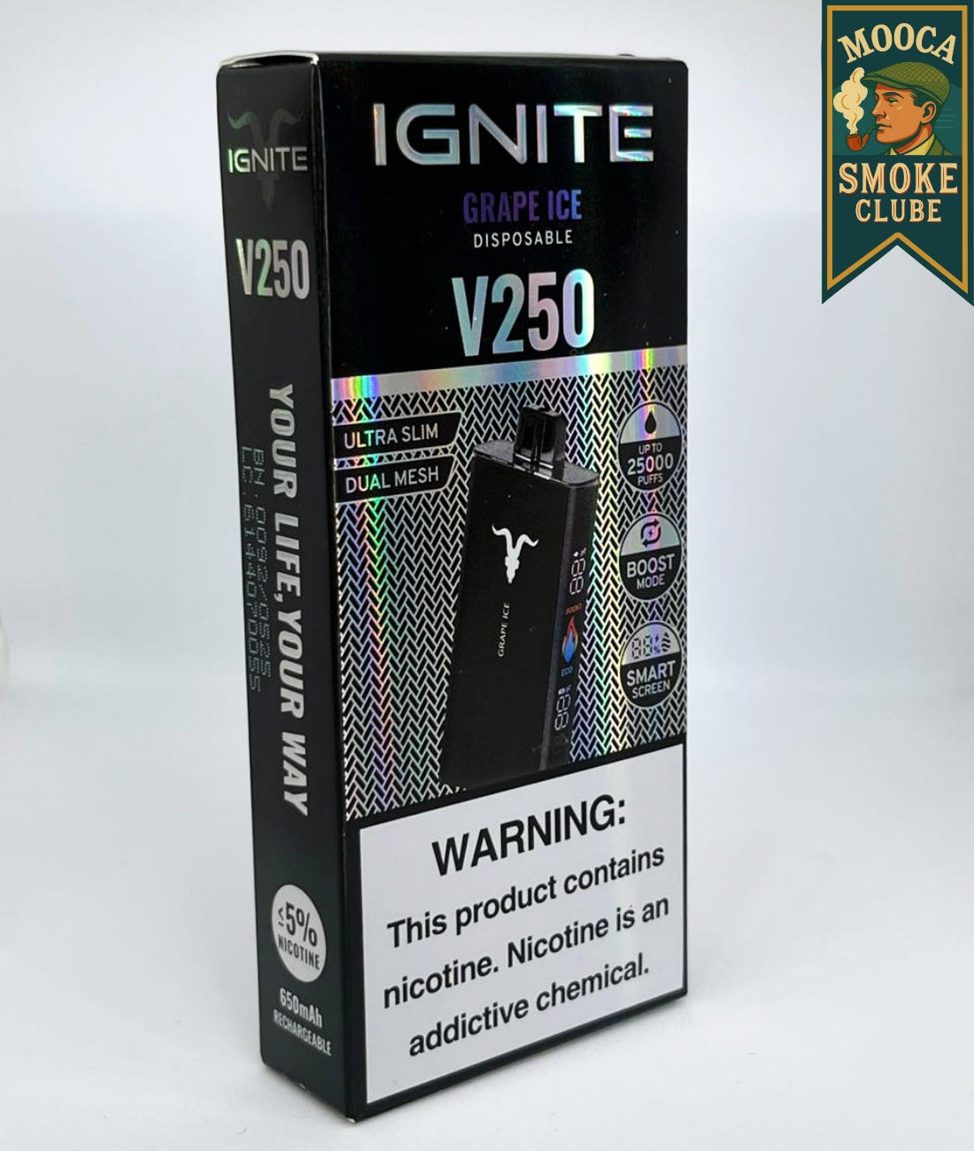 IGNITE V250 – Grape Ice • 25.000 Puffs • Vape Descartável (Dual Mesh + Boost Mode + Smart Screen)