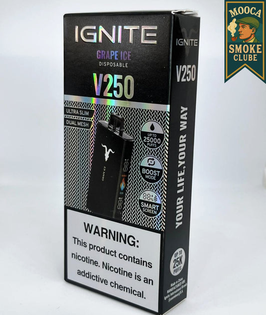 IGNITE V250 – Grape Ice • 25.000 Puffs • Vape Descartável (Dual Mesh + Boost Mode + Smart Screen)