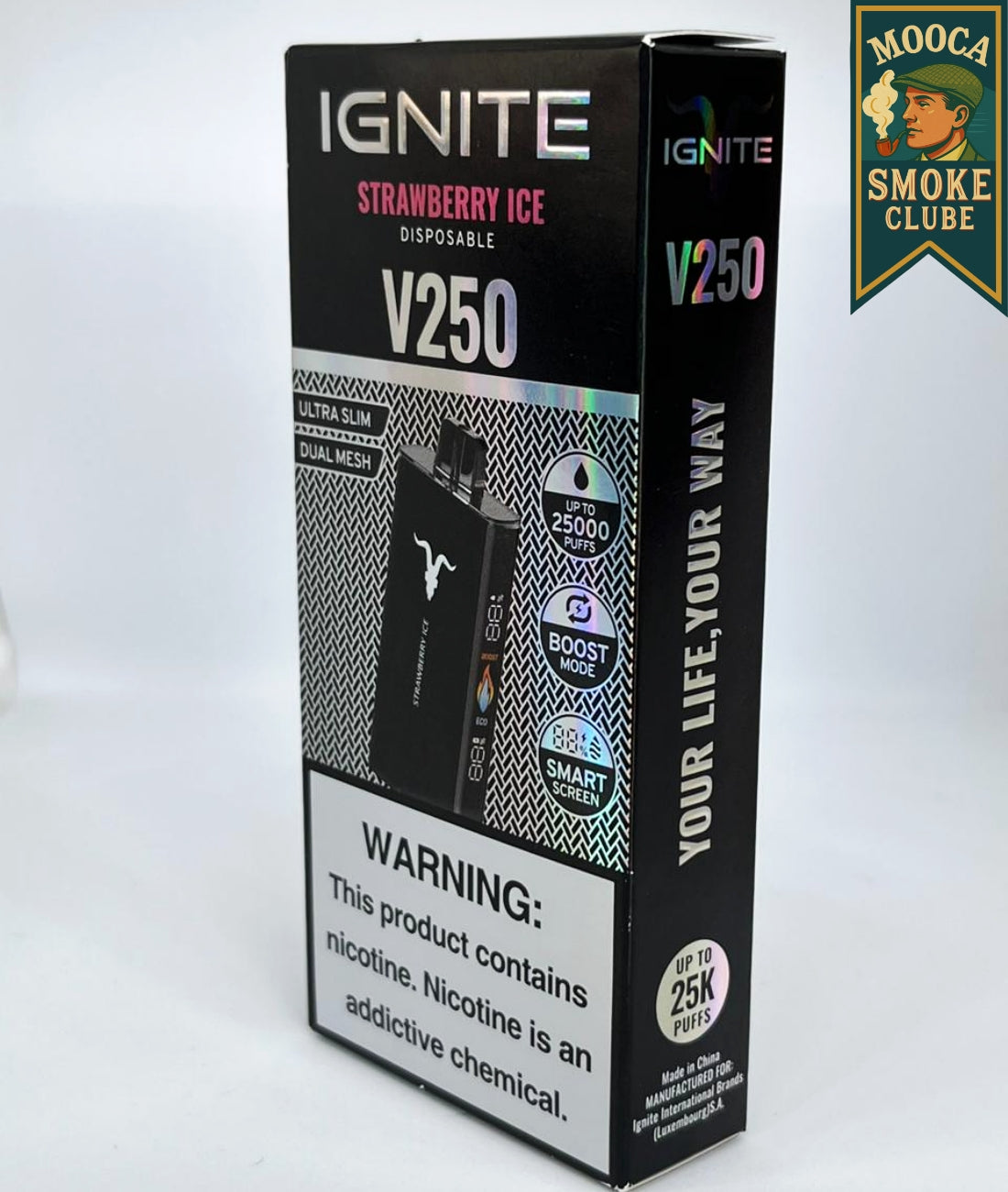 IGNITE V250 – Strawberry Ice • 25.000 Puffs • Vape Descartável (Dual Mesh + Boost Mode)