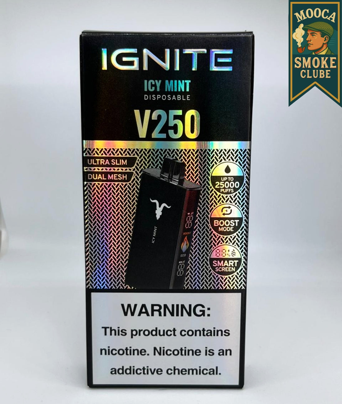 IGNITE V250 – Icy Mint • 25.000 Puffs • Vape Descartável (Dual Mesh + Boost Mode + Smart Screen)