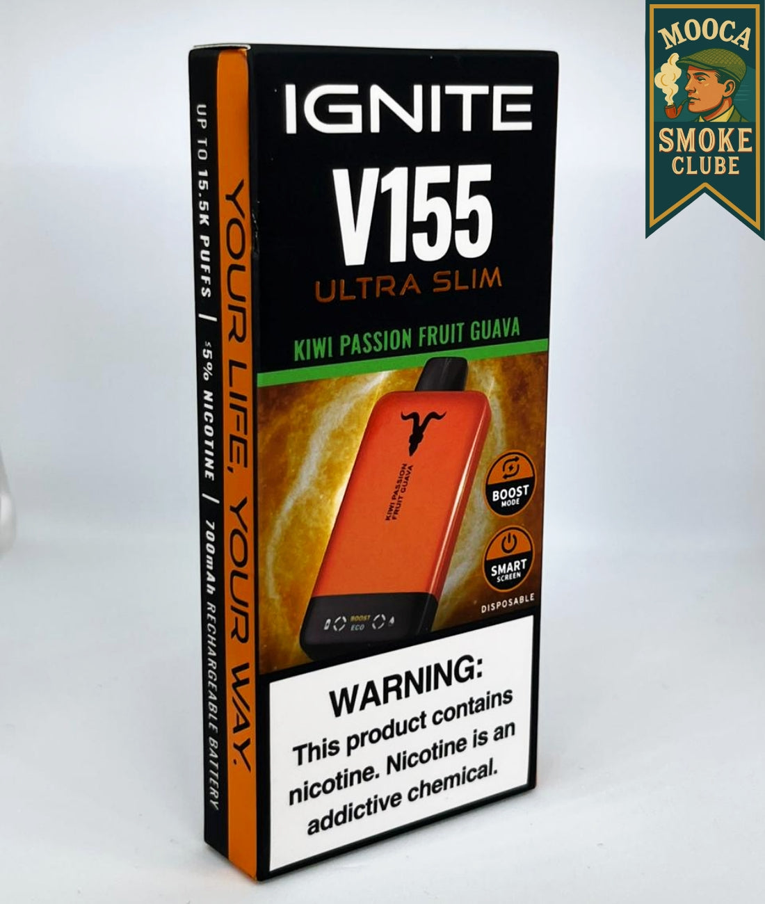 IGNITE V155 – Kiwi Passion Fruit Guava • 15.500 Puffs • Vape Descartável (Ultra Slim + Boost Mode + Smart Screen)