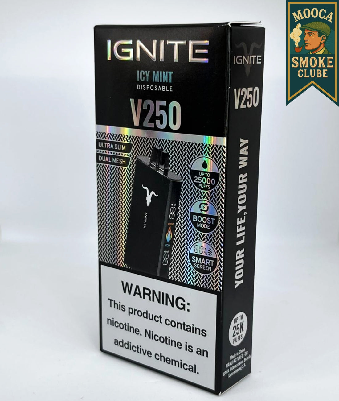 IGNITE V250 – Icy Mint • 25.000 Puffs • Vape Descartável (Dual Mesh + Boost Mode + Smart Screen)
