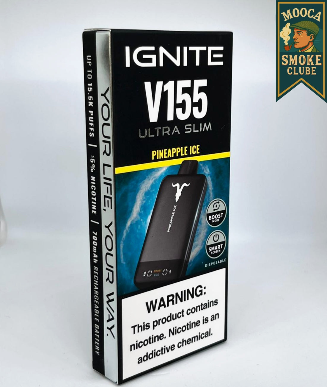 IGNITE V155 – Pineapple Ice • 15.500 Puffs • Vape Descartável (Ultra Slim + Boost Mode + Smart Screen)