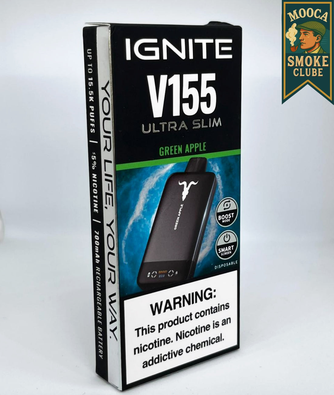 IGNITE V155 – Green Apple • 15.500 Puffs • Vape Descartável (Ultra Slim + Boost Mode + Smart Screen)