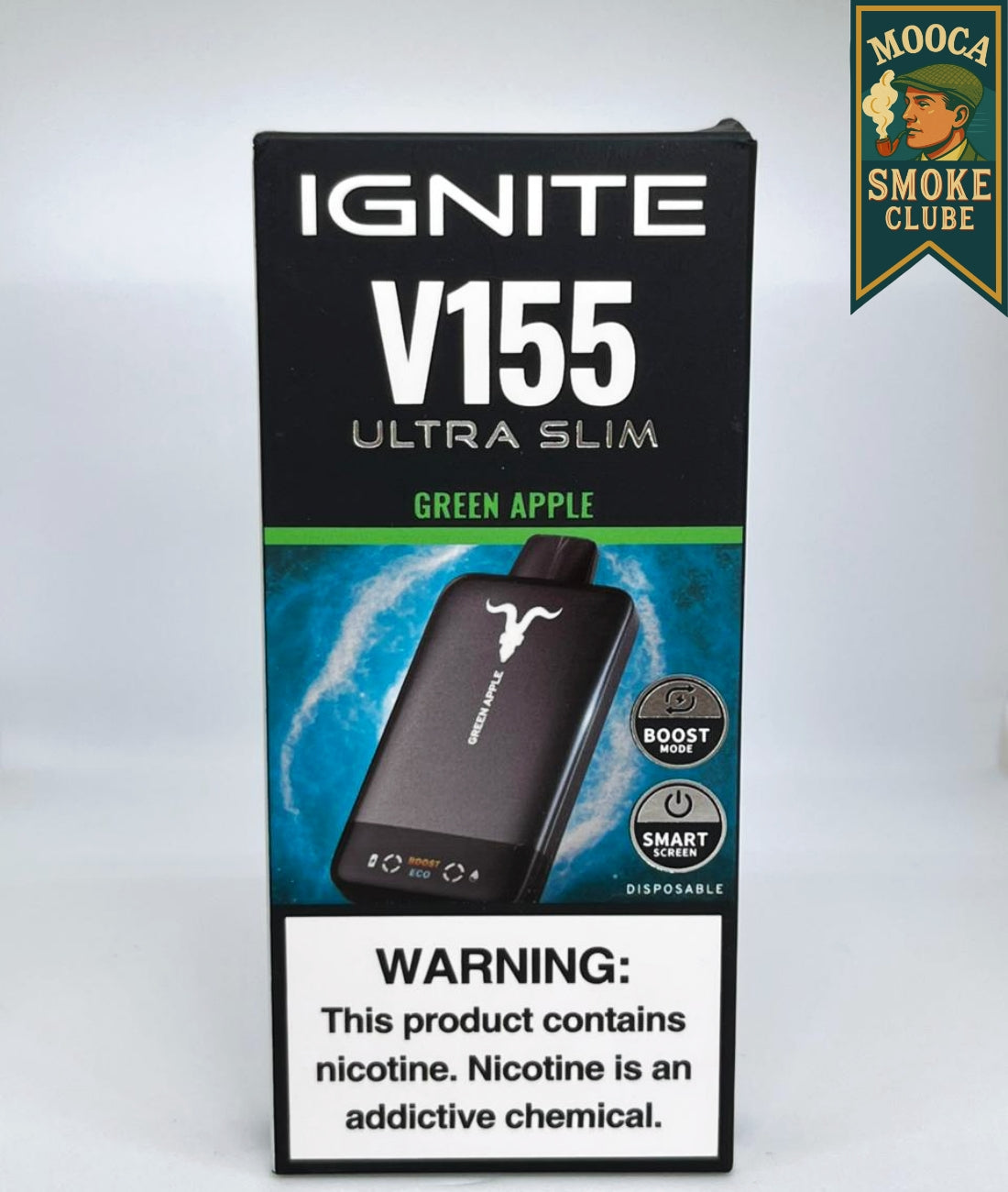 IGNITE V155 – Green Apple • 15.500 Puffs • Vape Descartável (Ultra Slim + Boost Mode + Smart Screen)