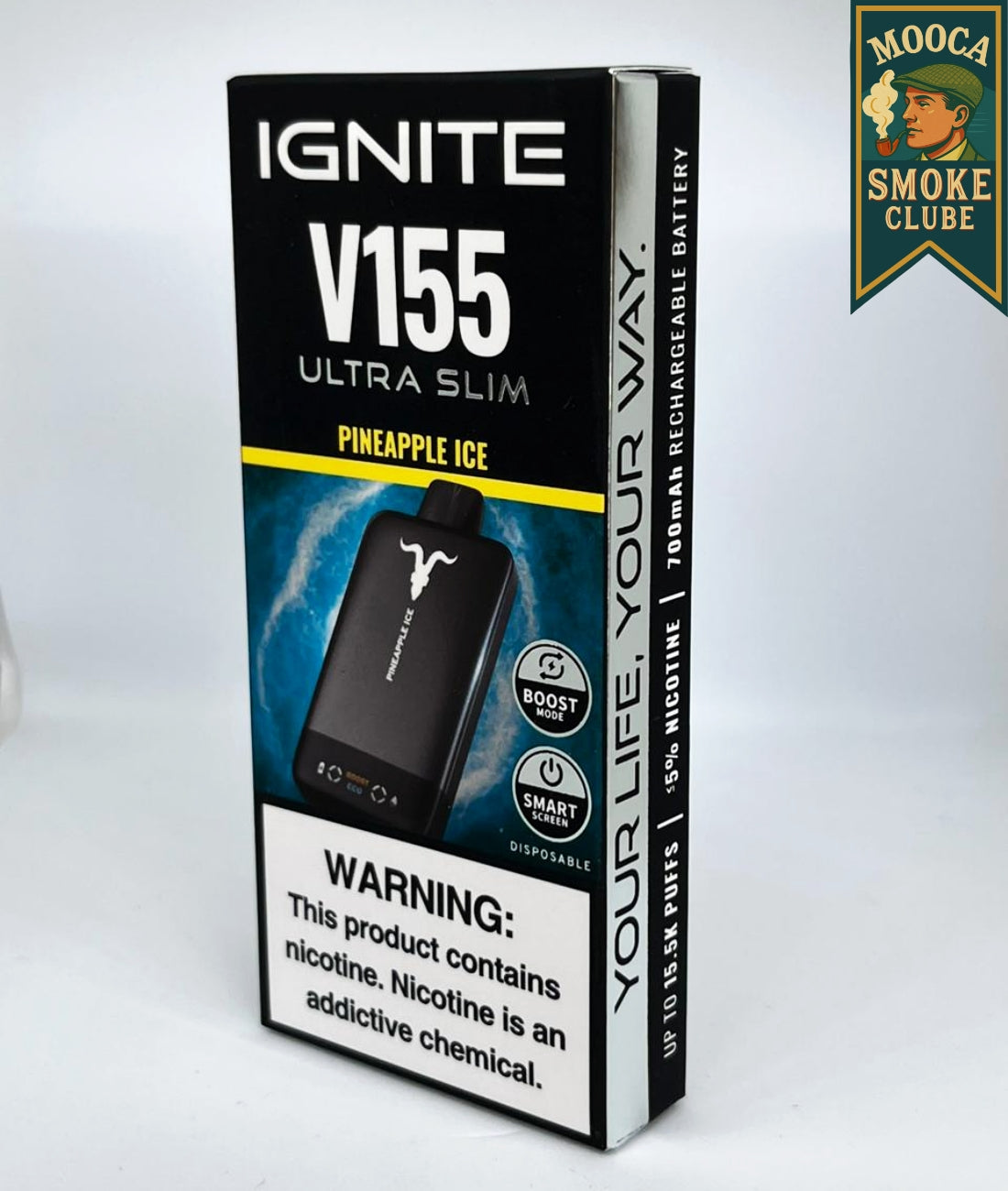 IGNITE V155 – Pineapple Ice • 15.500 Puffs • Vape Descartável (Ultra Slim + Boost Mode + Smart Screen)