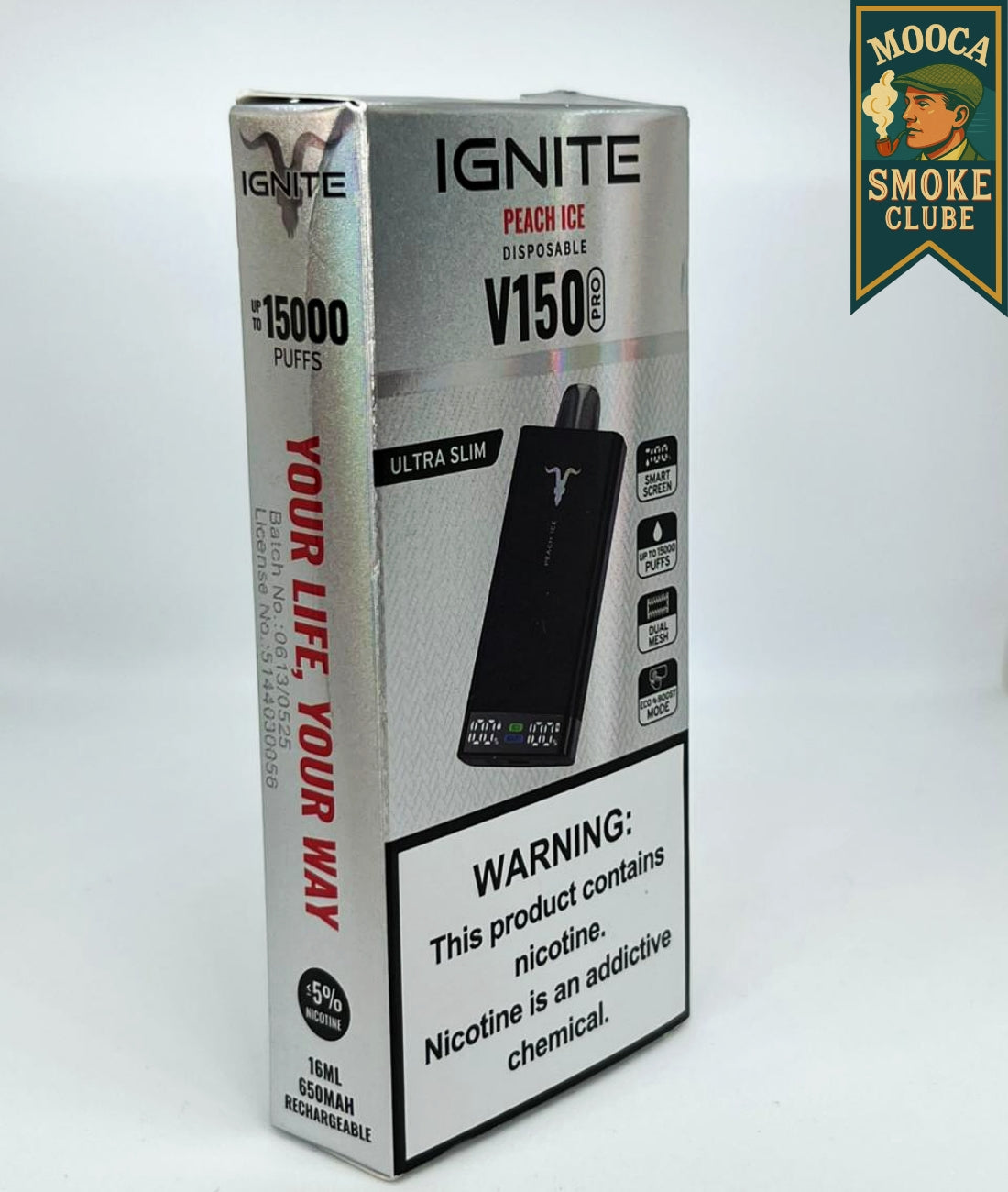IGNITE V150 PRO – Peach Ice • 15.000 Puffs • Vape Descartável (Ultra Slim + Dual Mesh + Smart Screen)